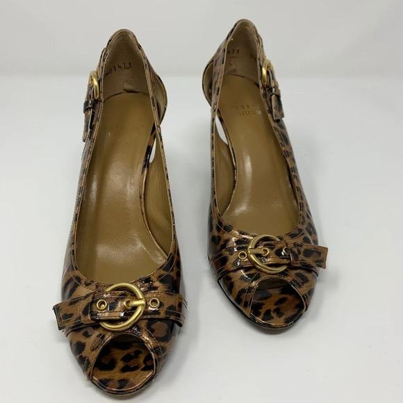 Stuart Weitzman Cheetah Peep‎ Toe Buckle Heels - Picture 2 of 8
